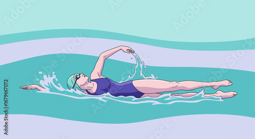 Illustration of a female swimmer in the freestyle stroke swimming in the water