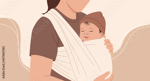 Illustration of a mother carrying her sleeping baby in a sling with a neutral background