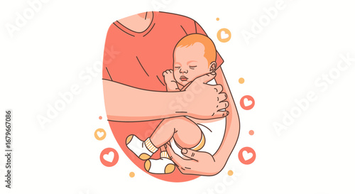 Illustration of a mother cradling a sleeping baby symbolizing love and motherhood