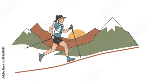 Illustration of a female trail runner with hiking poles traversing a mountainous terrain