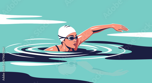 Illustration of a female swimmer in the water swimming, vector style for sport and health
