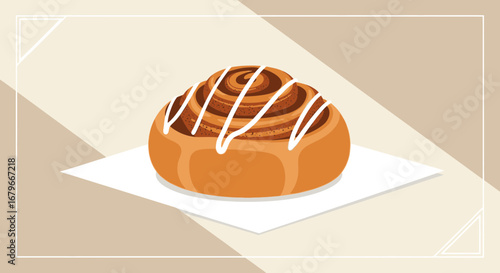 Illustration of a freshly baked cinnamon roll with icing on a paper napkin
