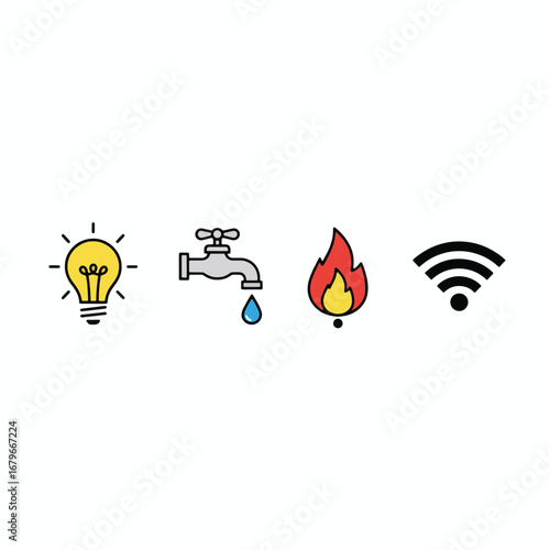Icons of essential utilities isolated on white background light, water, fire, wifi