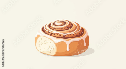 Illustration of a freshly baked cinnamon roll with icing on a cream background
