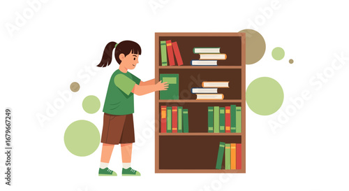 Illustration of a girl arranging books on a bookshelf in a library or home