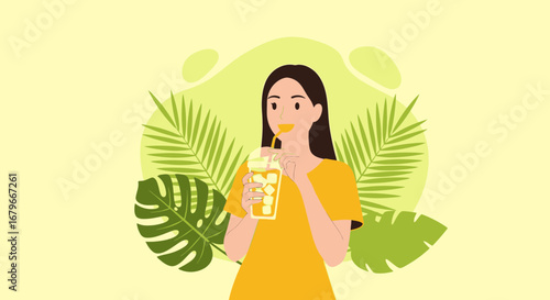 Woman Enjoying A Refreshing Beverage With Tropical Leaves In Gentle And Soothing Colors