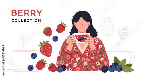 Woman Enjoying Berry Tea: A Cozy Illustration of Fruits, Beverages, and Wellness
