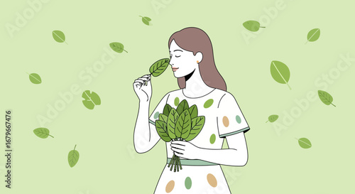 Woman Enjoying Fragrant Leaves in Serene Green Backdrop Capturing Positive Vibe Feeling