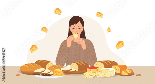 Woman Enjoying Cheese While Surrounded By Bread And Other Gourmet Food Items