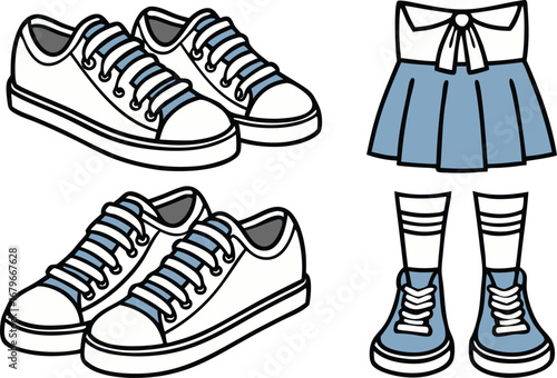 White sneakers blue laces and blue skirt with white collar and socks school uniform shoes