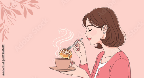 Woman enjoying coffee and cinnamon roll illustration in a pink background