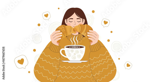 Woman Enjoying Her Coffee And Croissant In A Cozy And Comforting Moment