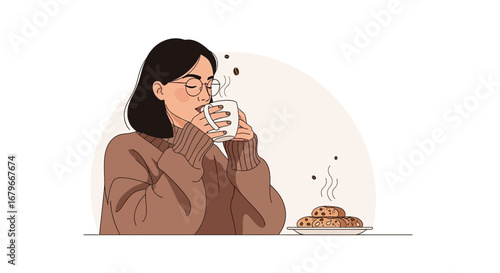 Woman Enjoying Coffee And Delicacies, Illustrating Relaxation And Pleasure, In Illustration