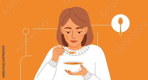 Woman Enjoying Her Soup, Illustration Of Healthy Food, Simple Vector Design Artwork
