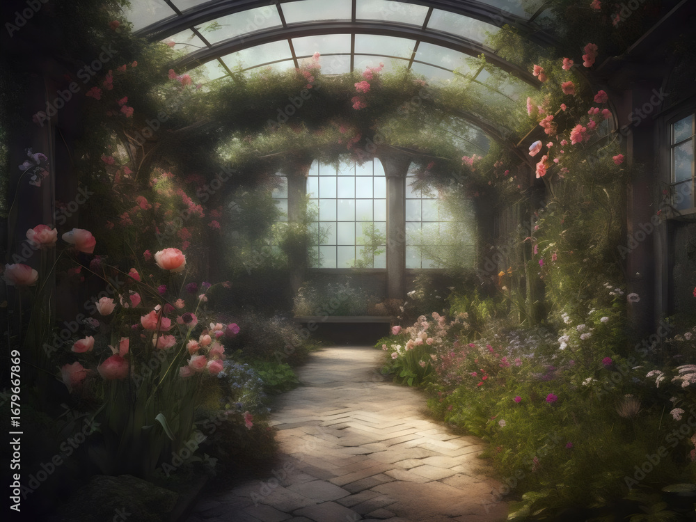 Fototapeta premium Romantisches Gewächshaus mit Blumen - Abstraktes Wallpaper - Umwelt Hintergrundbild