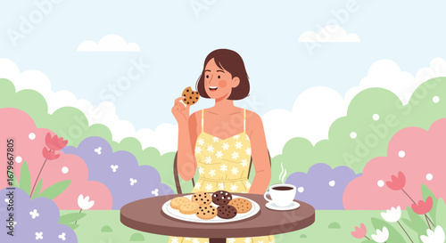 Woman Enjoying Cookies And Coffee Outdoors Amidst Colorful Blossoms And Greenery