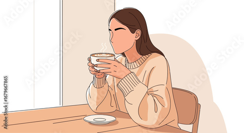Woman Enjoying Morning Coffee At Table Next To A Window Illustrated Artwork
