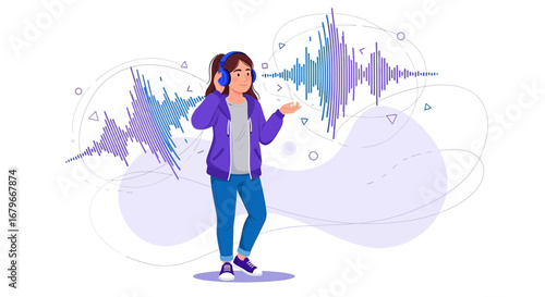 Woman enjoying music with headphones, representing sound waves and music streaming.