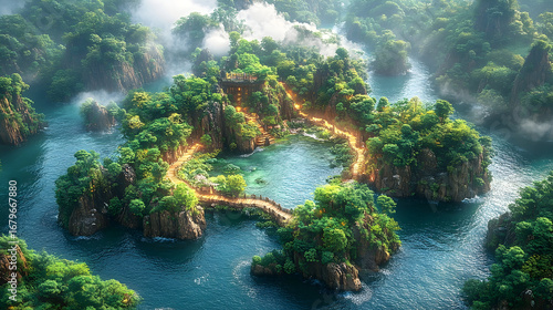 Fantasy island scene. Lush, green islands connected by pathways, nestled in a serene sea, with soft lighting