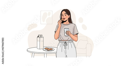Woman Enjoying Cookies And Milk In Cozy Room Everyday Life Illustration