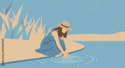 Woman enjoying nature touching water in a lake artistic digital illustration