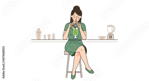Woman Enjoying Refreshing Drink While Relaxing At a Minimalistic Designed Bar