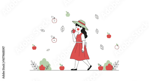 Illustration of a girl eating an apple in the garden, simple and colorful design
