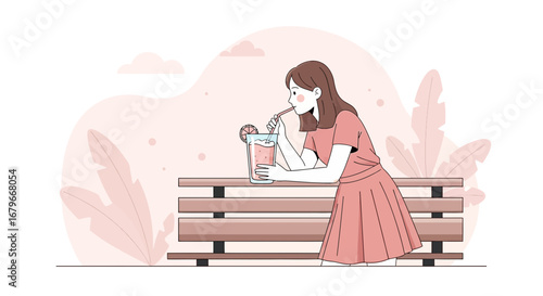 Woman Enjoying Refreshing Drink Outdoors, Reclining On Wooden Park Bench