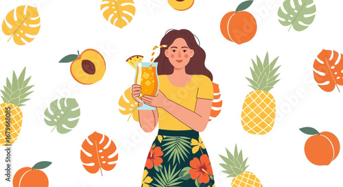 Woman Enjoying Refreshing Tropical Cocktail With Summer Fruits Illustration