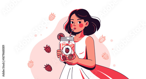 Woman Enjoying Refreshing Raspberry Drink, Vector Illustration on White Background