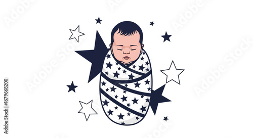 Illustration of a Baby Wrapped in a Swaddle with Stars