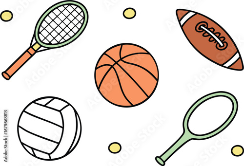 Playful School Sports Doodle Vector Set with Basketball, Soccer Ball, Jump Rope, and Fun Hand-Drawn Game Elements for Kids Projects