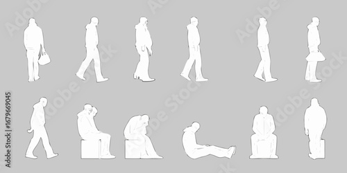 Collection of stylized white human figures in various walking and sitting poses against a neutral gray background