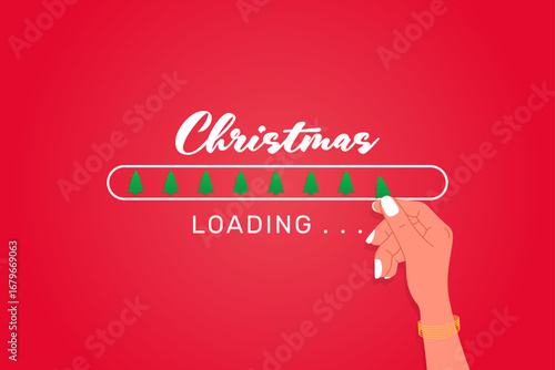 Woman hand putting green christmas tree icon loading bar on the red background.