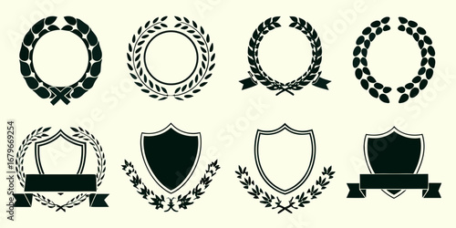 Collection of laurel wreaths and shields with ribbons for awards and recognition