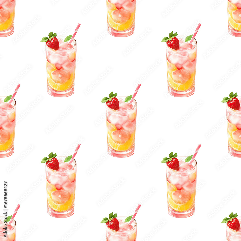 Fototapeta premium Strawberry lemonade seamless watercolor pattern with fruit slices and refreshing accents. White background design for summer branding and packagin