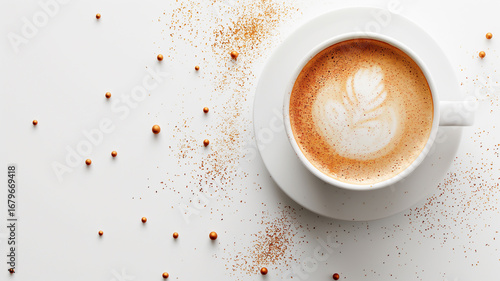 Minimalist flat lay of a cappuccino with latte art on a white background, sprinkled with cocoa powder and coffee beans for a clean modern look.