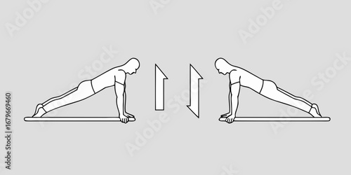Man performing push up exercise on parallel bars with upward and downward movement arrows indicating repetition