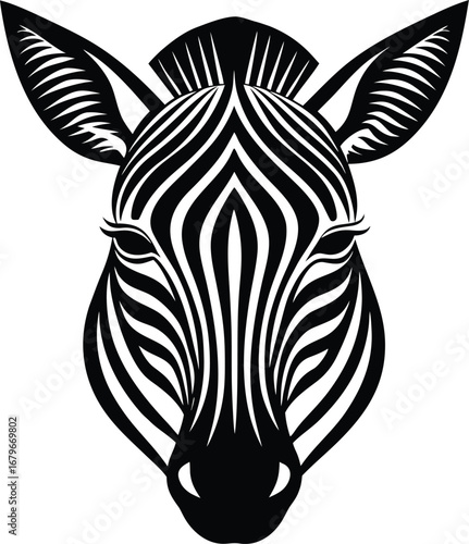 Vector art of striking black and white graphic illustration of a zebras head with bold stripes and a distinctive mane, isolated on a, perfect for animalthemed designs