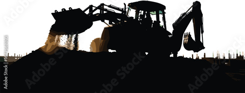 Backhoe loader silhouette working on construction site, digging and dumping soil, industrial machinery in action during excavation project