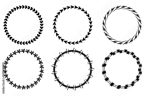 Vector Set of Graphic Circle Frames, Abstract Round Decorative Borders, Love shape Barb Wire Razor wire