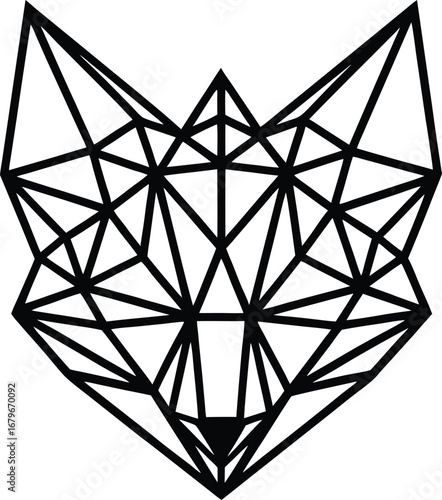 Vector art of geometric, lowpoly black and white illustration of a foxs head, featuring sharp lines and angular shapes, isolated on a, ideal for modern art and design