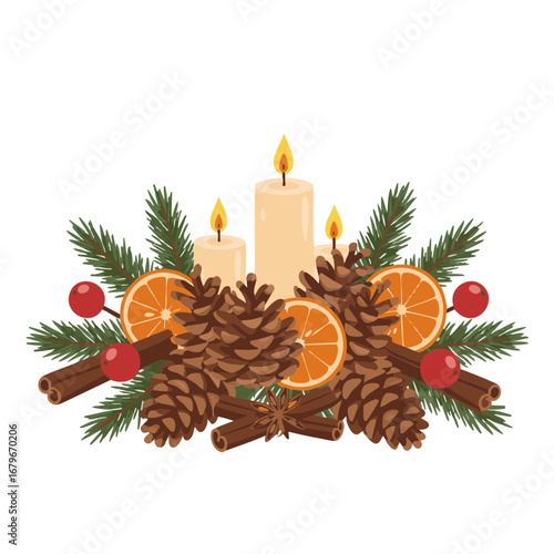 Pinecone Centerpiece with Candles and Citrus, Flat Vector Illustration