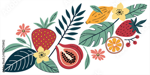 Collection hand drawn colorful abstract fruits, leaves and flowers. Natural tropical fruits. Strawberry, peach, lemon, pomegranate, fig, orange. Vector illustration