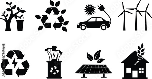 Eco and renewable energy icons – recycling, electric car, wind turbines, solar panel, sustainable house, clean energy symbols