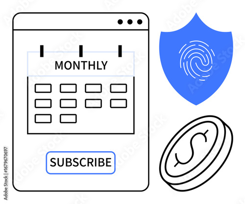 Monthly subscription calendar with subscribe button, shield symbolizing data security, and coin representing payment. Ideal for subscriptions, finance, security, online services, billing, stability