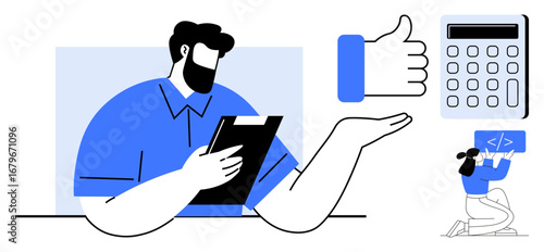 Businessman holding a tablet, thumbs-up gesture, calculator, and programmer creating code. Ideal for productivity, fintech, decision-making, communication, teamwork goal tracking simple landing