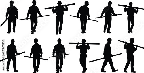 Construction workers walking with steel pipes silhouette set, industrial laborers carrying materials, safety gear and teamwork in construction site