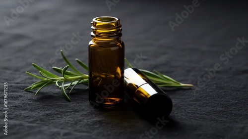 Essential oil bottles with fresh rosemary sprig, perfect for spa, wellness, or aromatherapy content