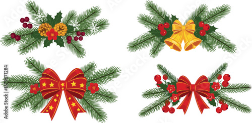 Christmas pine decorations with bows, bells, holly leaves, berries, and golden pinecones for festive holiday vector design and seasonal illustration